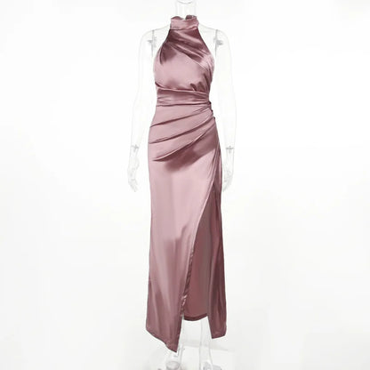 Womens Elegant Long Formal Evening Cocktail Party Dress Sexy High Split Ruched Bodycon Wedding Guest Bridemaid Maxi Dress
