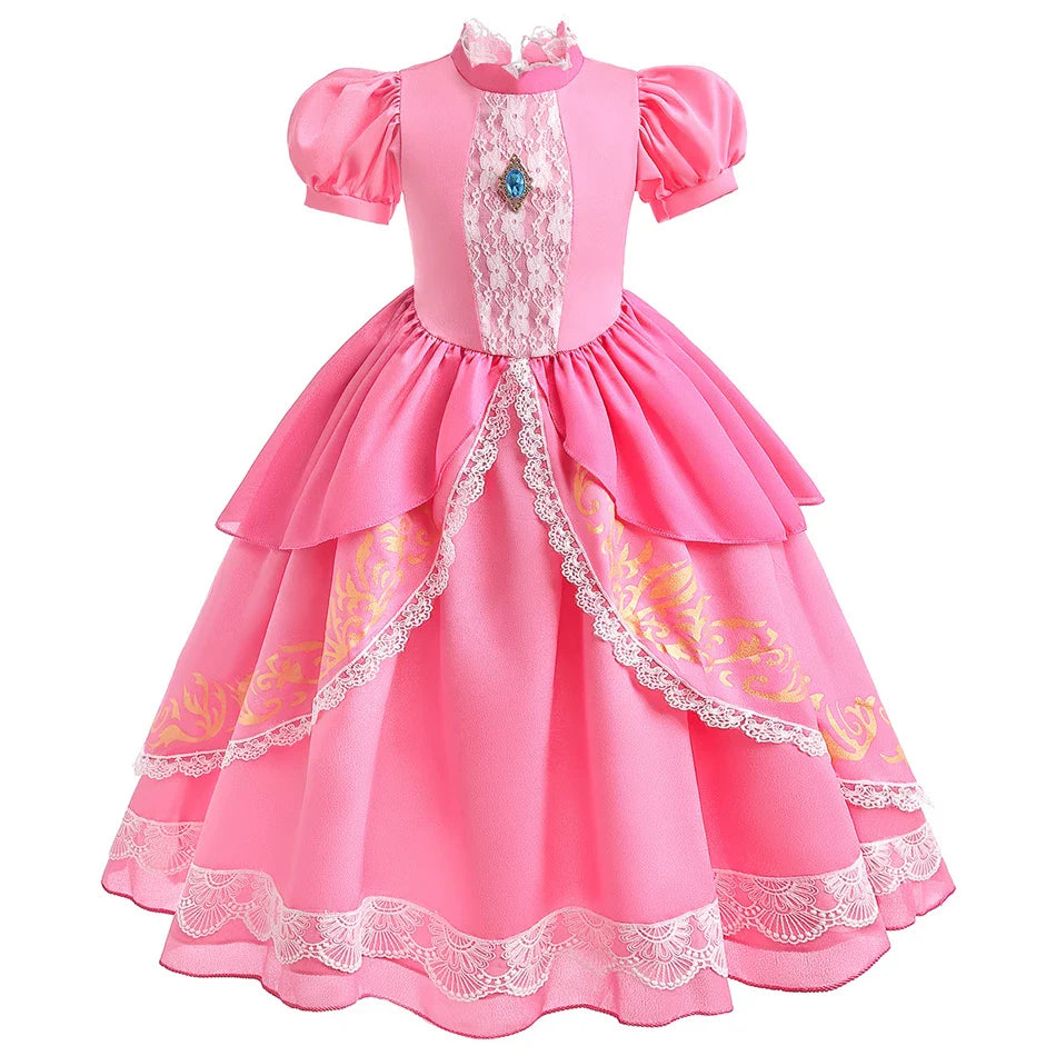 Fantasia de Princesa Pêssego com Luz LED Colorida para Aniversário de Criança Jogo de Roleplay Vestido de Menina para Halloween Festival Rosa Renda 2-9 Anos C