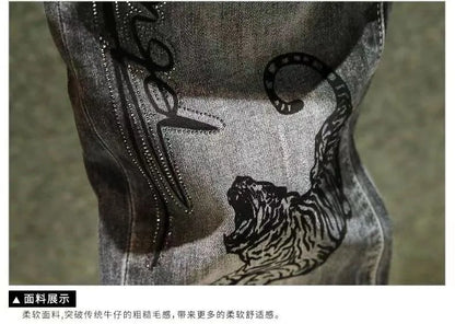Spring and Autumn New Fashion Trend Print Retro Straight Leg Sports Denim Pants Men's Casual Slim Breathable High-Quality Jeans