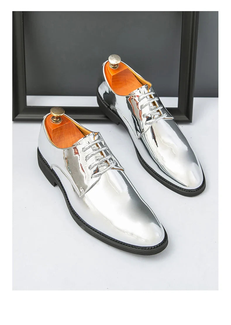 Luxury Silver Dress Shoes Man Patent Leather Shoes Large Size 50 Wedding Shoes Men Pointed toe Party Shoes Designer Formal Shoes