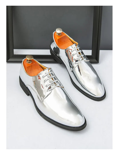 Luxury Silver Dress Shoes Man Patent Leather Shoes Large Size 50 Wedding Shoes Men Pointed toe Party Shoes Designer Formal Shoes