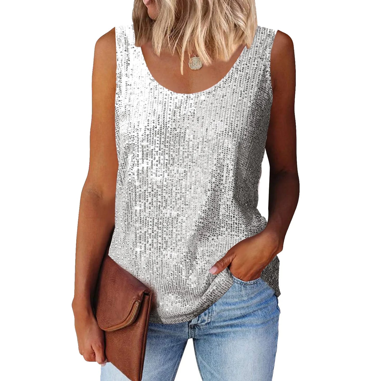 Ladies' Sequin Loose U-Neck Sleeveless Glitter Tops Fashion Solid Color Tank Tops For Daily Wear Performance Costume