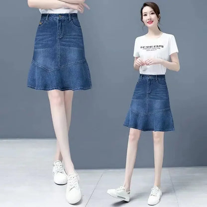 Chubby High Waist Female Jeans Skirts Blue Women's Denim Skirt with Pocket Midi To Knees Length 2025 Trend New in Y2k Vintage V