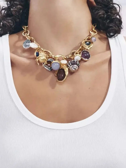 ZAA Luxurious Animal Jewelry Pendant Necklace and Earrings Set, Bohemian Resin Gemstone Necklace, Party Jewelry