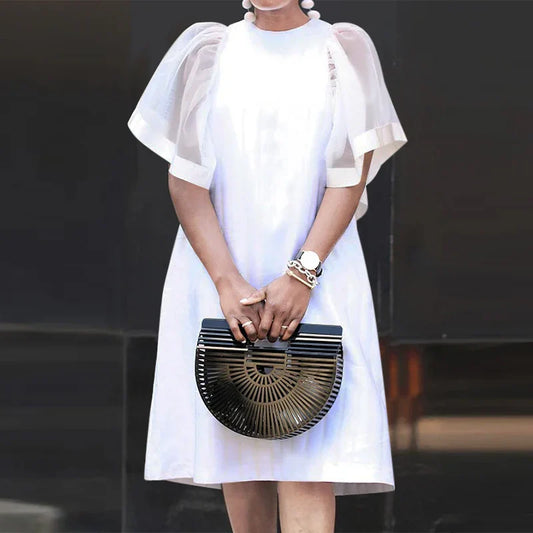 Women Vintage Vestidos Solid Mesh Patchwork Sundress Casual Summer Mini Dress Party Ruffle Short Sleeve Loose Dresses