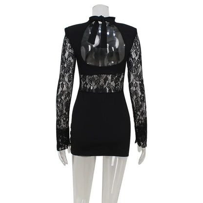 Patchwork Lace Hip Wrap Sheath High Collar Women Dresses Long Sleeve Sexy Club Fashion Bodycon Sheer Female Vestidos