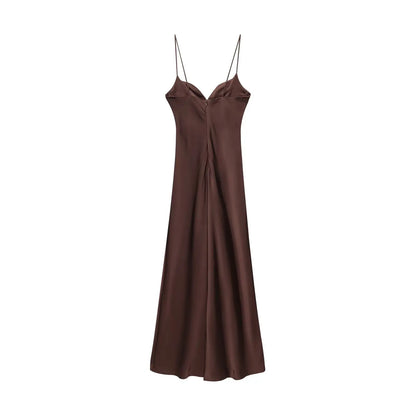 Women Red V-Neck Holiday Style Satin Texture Long Dress Sleeveless Summer Women's Back Zipper Fashion Sling Dresses