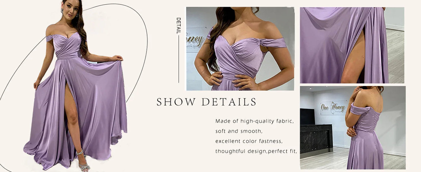 Women's Satin Prom Dresses Long Slit Formal Dresses Off Shoulder Evening Wedding Party Gowns Ruched Sweetheart Lace up Back