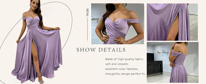 Women's Satin Prom Dresses Long Slit Formal Dresses Off Shoulder Evening Wedding Party Gowns Ruched Sweetheart Lace up Back