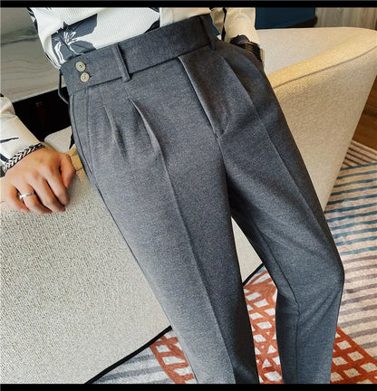 Men's Slim Fit Naples Business Casual Trousers Made of Autumn and Winter Wool, Thickened for Warmth, Classic Ankle-length Pants.