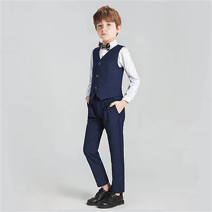 Vintage Boy's 4 Pieces Suit Set Jacket Vest Pants Bow-tie Kids Formal Tuxedo Slim Fit Slit Pocket Child Blazer Suits
