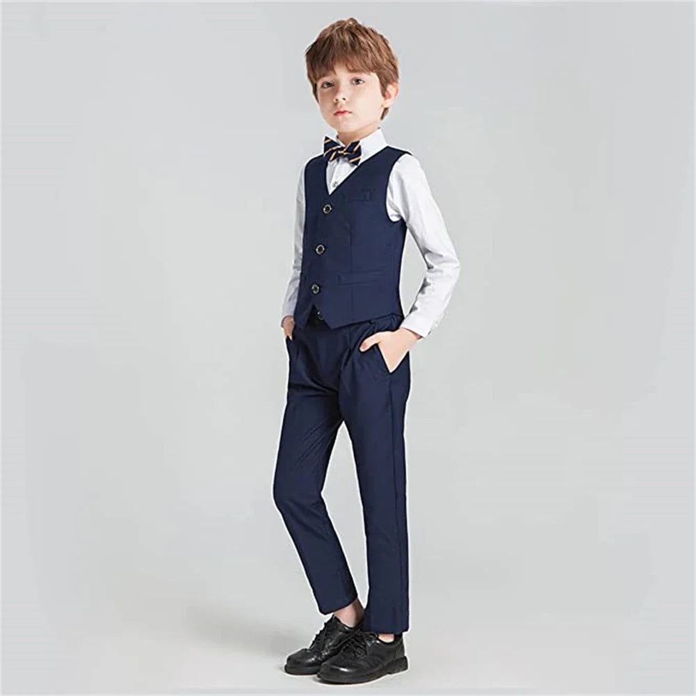 Notched Boy's Suit Set for Kids 3-14 Yrs, One Button Black Suit Jacket Vest Pants and T Shirt, Communion Tuxedo 4-Piece Suits