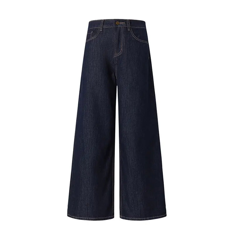 Vintage Washed Wide Leg Jeans Women Deep Blue High Waist