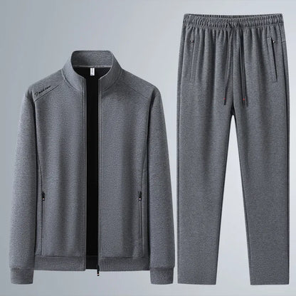Spring Autumn New Men's Cotton Sports Suit Stand Collar Sweatshirt Middle-Aged And Elderly Casual Stylish Cardigan Loose-Fit 2-P