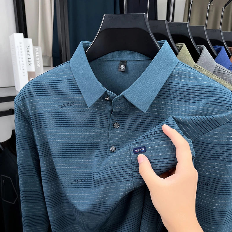 2025 long sleeved men's spring and autumn collar striped pullover top with loose pockets polo shirt