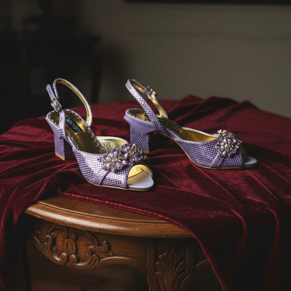 New Elegant 2026 Lilac Peep Toe Women Heels with Diamond Accents - Italian Design Matching Pumps and Bag Set for Parties