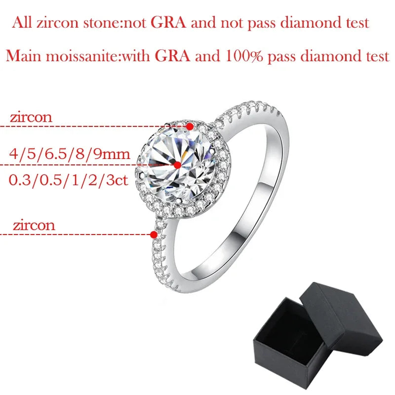 0.3-3CT D Color 100% Real Moissanite Rings for Women Round Sparkling Simulated Diamond Band S925 Sterling Silver Jewelry