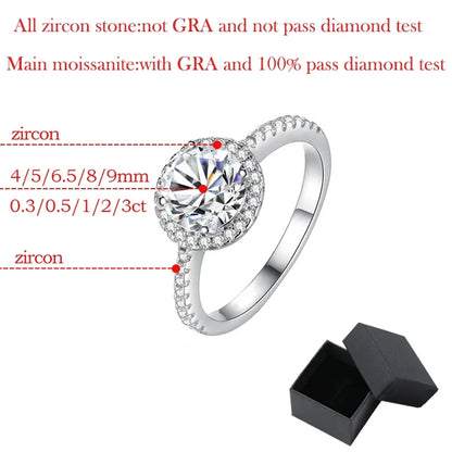 0.3-3CT D Color 100% Real Moissanite Rings for Women Round Sparkling Simulated Diamond Band S925 Sterling Silver Jewelry
