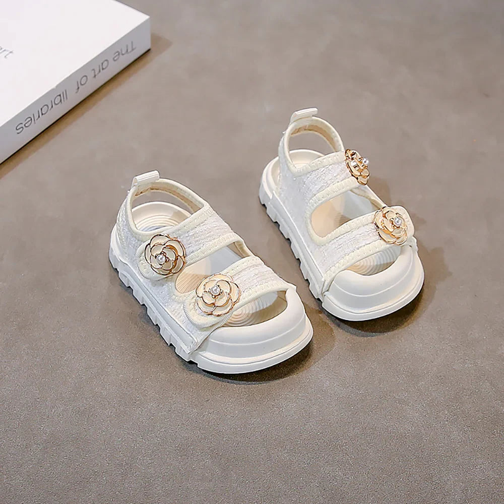 Korean Style Summer Sandals For Girls Luxury Pearl Flower Children's Beach Shoes Ergonomics Soft-soled Kid's Girl's Sandals