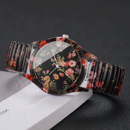 2/3PCS Fashion Flower Printed Women Quartz Wristwatches Set Ladies Casual Elastic Strap Arabic Dial Watch（Without Box）