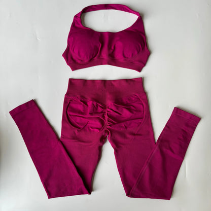 Yoga Legging Sets for Women Seamless Yoga Set Scrunch Butt Legging Set Workout Gym Suit with Halter Crop Top