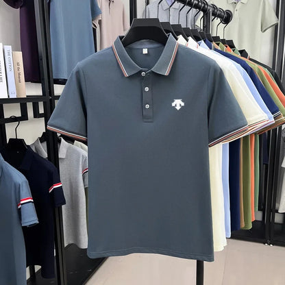 Men's Summer Solid Color Cool Breathable Luxury Polo Shirt Business Casual Collar T-shirt Short Sleeve Top