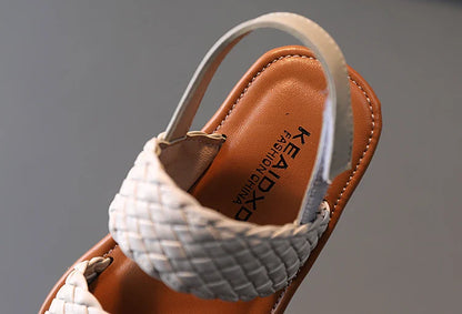 Kids Sandals for Girls 2026 Summer Girls Weave Design Sandals Children Beach Shoes Open Toes Flat Anti-skid Rubber Ankle Strap