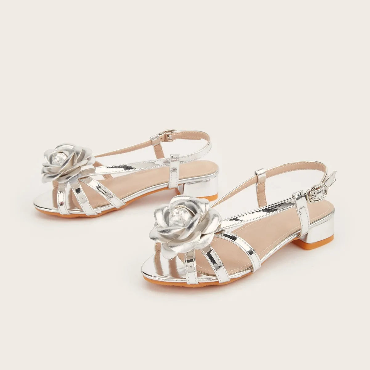 2025 Summer New Children's High Heels Fashion Flower Girls' Princess Sandals Silver Kid's Performance Dance Shoes 5-10 Years Old