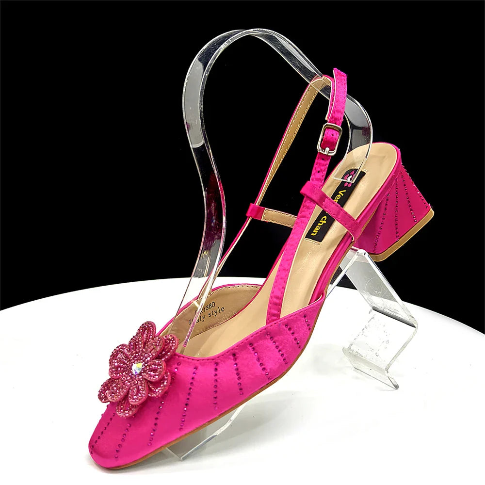 Elegant Italian Women's Blue Color Rhinestone Heels with Floral Design & Matching Clutch Bag Set - Perfect for Parties