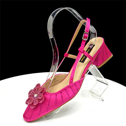 Elegant Italian Women's Blue Color Rhinestone Heels with Floral Design & Matching Clutch Bag Set - Perfect for Parties