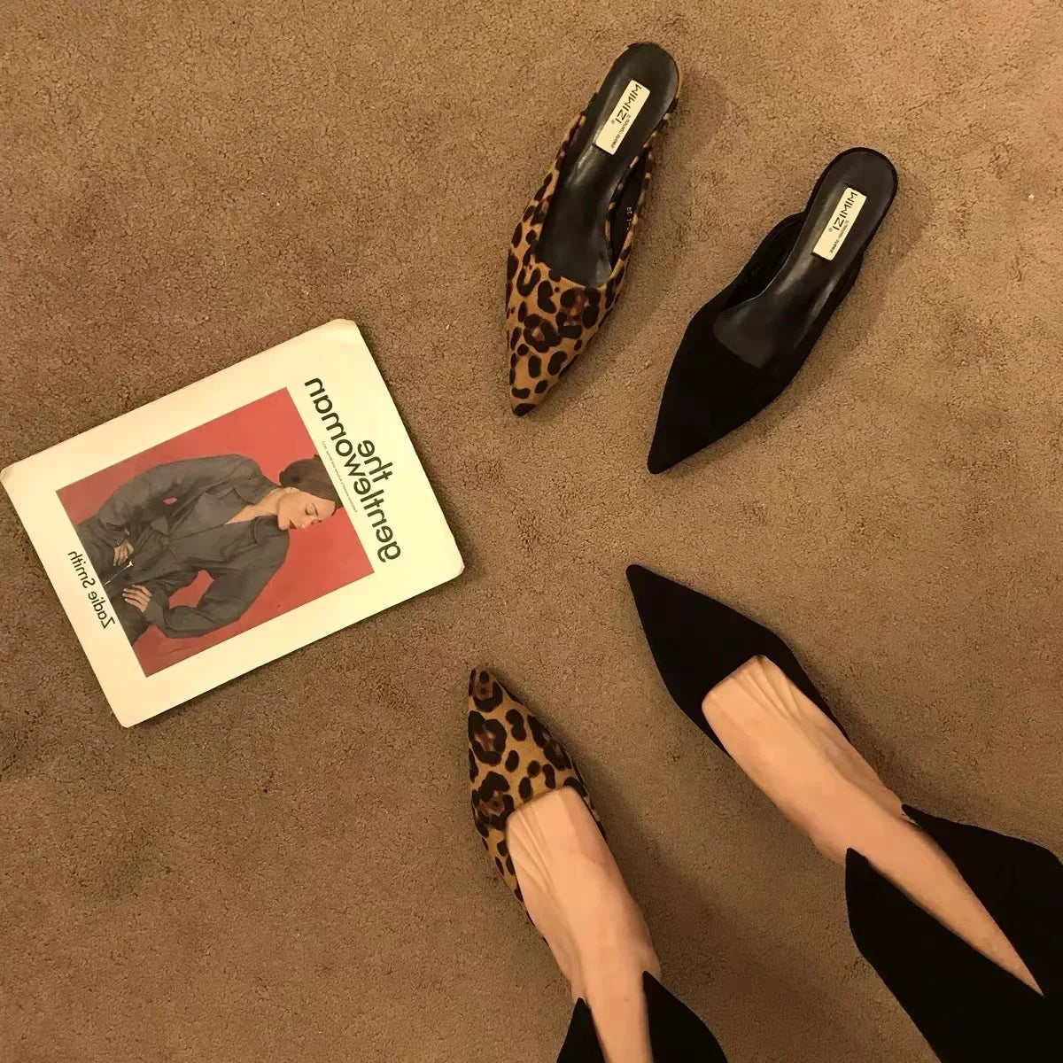 New Pointed Toe Mules Fashion Leopard Print Women Slippers Casual Women's Shoes Women Low Heels Elegant Ladies Outdoor Slide