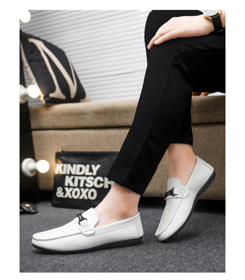 Trend White Loafers Man Big Size 46 Breathable Lightweight Men's Leather Shoes Comfortable Casual Shoes Men Driving Shoes