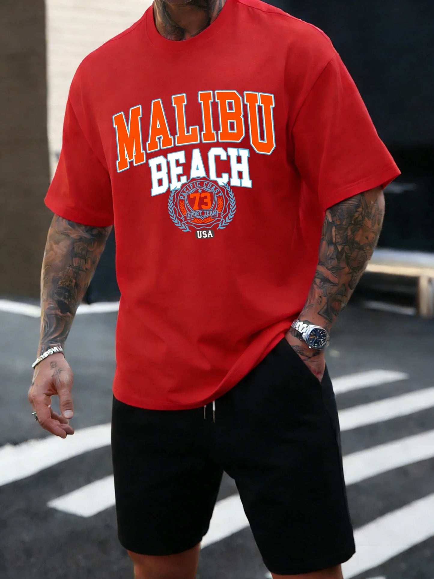 Malibu Beach 73 Usa Printing T-Shirt Mens Cotton T Shirts O-Neck Summer Basics Clothes Casual Trendy All-Match Short Sleeve