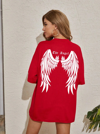 Camisetas estampadas de asa de anjo preta venda quente para mulheres, roupas largas oversized, camiseta de rua hip hop, algodão, manga curta