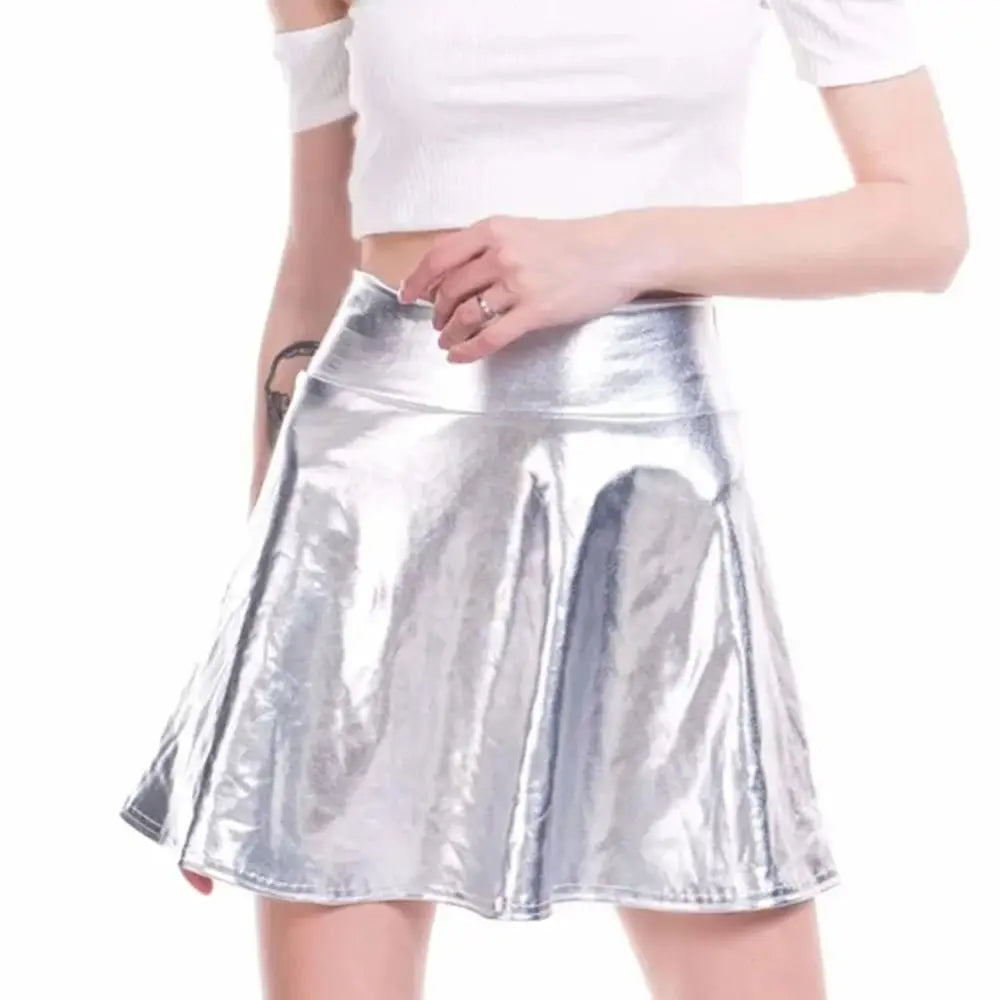 Elegant Metallic Pleated Skirt Gold Silver Flared Design A-line Short Skirt Retro Solid Color Girls Short Mini Skirt Clubwear