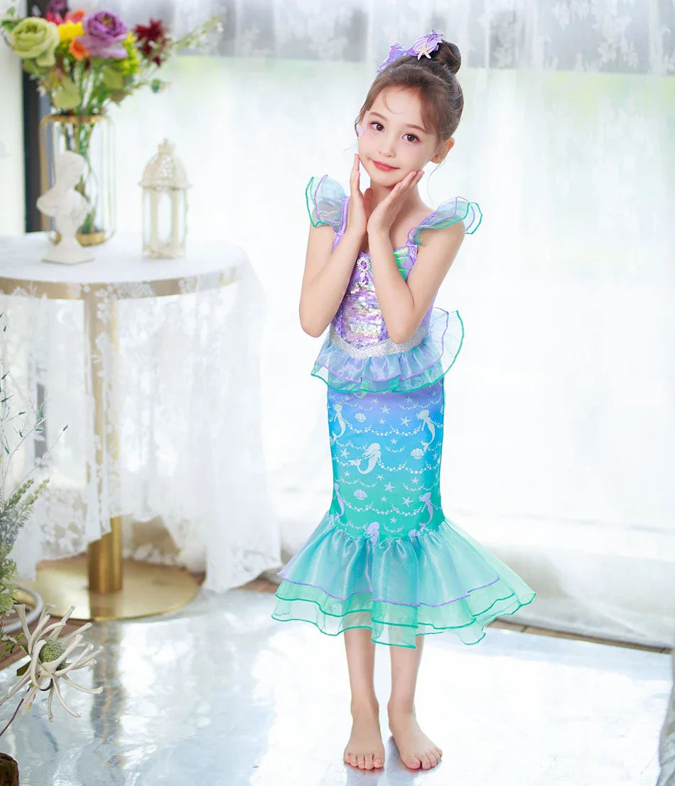 Halloween Costume Mermaid Dress Girl Ruffles Shell Fishtail Frocks Ariel Fantasy Luxury Princess Gown Children Fancy Fairy Dress