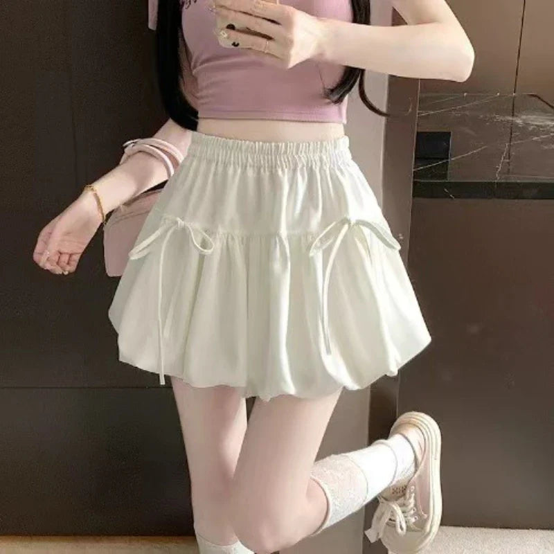 Summer Ballet Style Bow A-Line Women's Mini Skirts High Elastic Waist Tie Pleated Bud Balloon Skirt