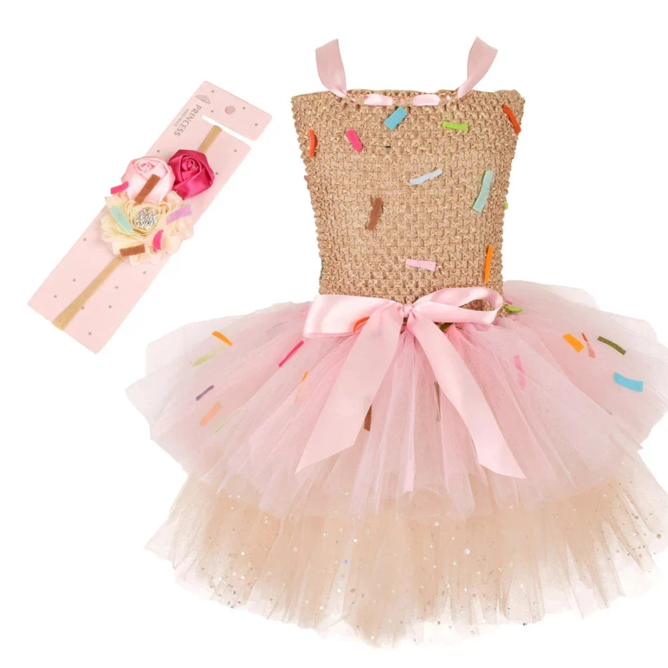 2026 Purim Girls Candy Icecream Dress Handmade Mesh Tutu Dress Childrens Birthday Carnival Party Ball Gown With Icecream Balloon