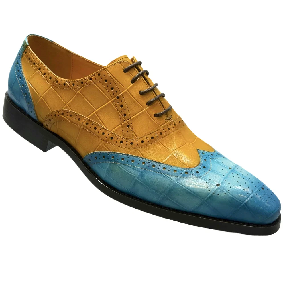 Men's Genuine Leather Wingtip Oxfords Shoes Italian Wedding Dress Shoes Green/Camel Business Formal Male Footwear