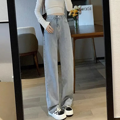 Calça Jeans Casual De Cintura Alta E Perna Larga Retrô Versátil