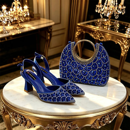 2026 INS Italian Design Elegant Fuchsia Rhinestone Pointed Toe High Heels with Matching Handbag Set - Perfect for Weddings