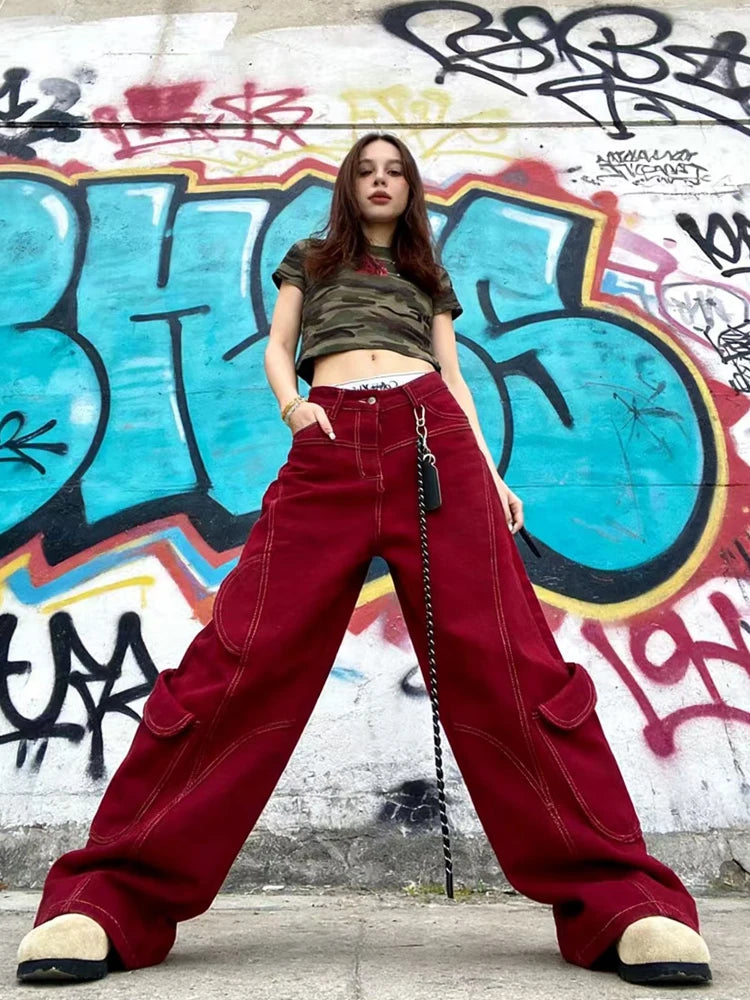 Street Vintage Jeans New Y2K Harajuku Wash Red Streetwear Baggy Jeans Denim Pants Mens Womens High Waist Wide Trousers 2025