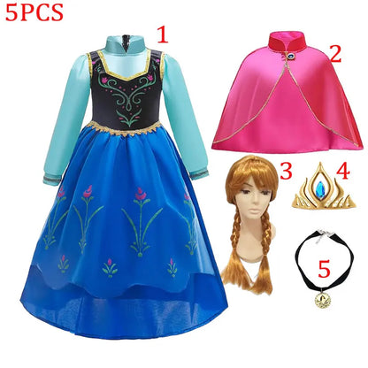 Elsa Princess Floral Frock with Cape Elsa Younger Sister Anna Disguise Dress Cosplay Party Snow Queen Cute Girl Carnival Outfit