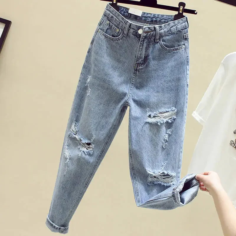 Lightweight Jeans Women's Ripped Loose-fit Straight-leg Pants New Spring Summer High-waisted Slimming Nine-point Old Dad Pants