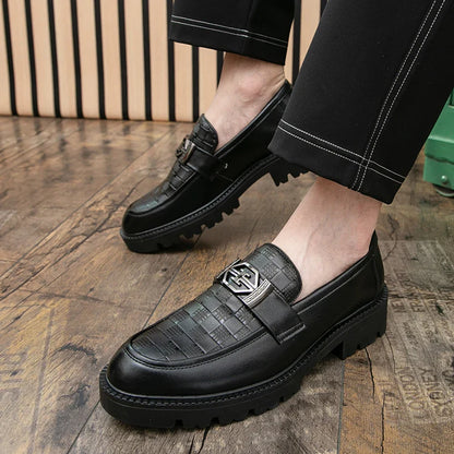 Men Loafers PU Thick Sole Round Toe Checkered Pattern Fashionable Classic Business Formal Shoes