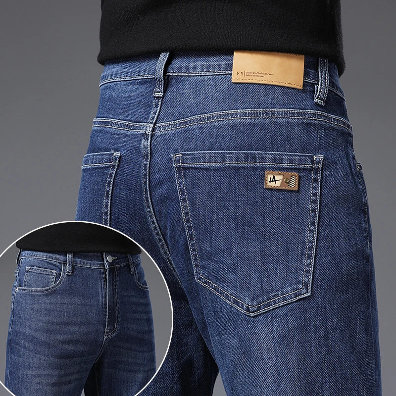 Calça Jeans Masculina Coreana Macia Elástica Slim Fit Negócios Casual Reta Jeans Clássica Marca Azul Lavado Cinza