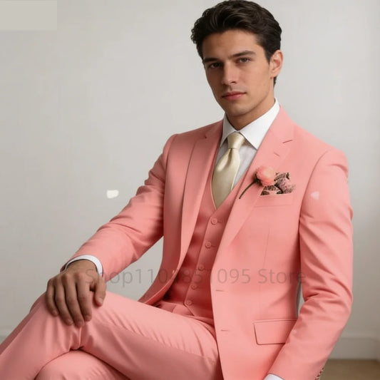 Wedding Light Pink Men's Suit 3 Pieces Formal Business Notch Lapel Blazer Tuxedos Slim Fit Groomsmen Suit Set(Jacket+Vest+Pant)