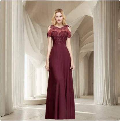 New Burgundy Evening Dresses Illusion Lace Appliques O-Neck Short Sleeve Prom Dress Sheer Back A-Line Long Formal Party Gowns
