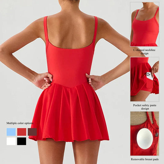 Women's Summer Sleeveless Sports Dress Breathable Tennis Dress One-Piece Mini Skirt Golf Skirts Jumpsuit With Pockets