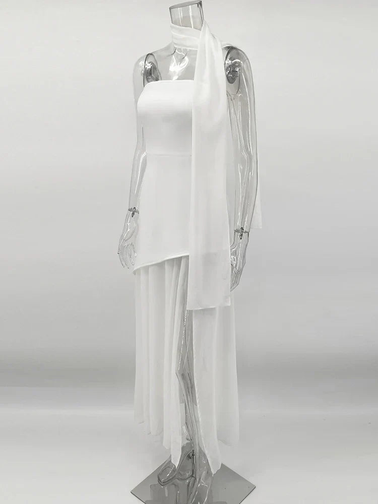 Fashion Strapless Dress With Ribbon Female Elegant Sleeveless Mesh Beach Vacation Long Dress 2025 Spring New Women Dress